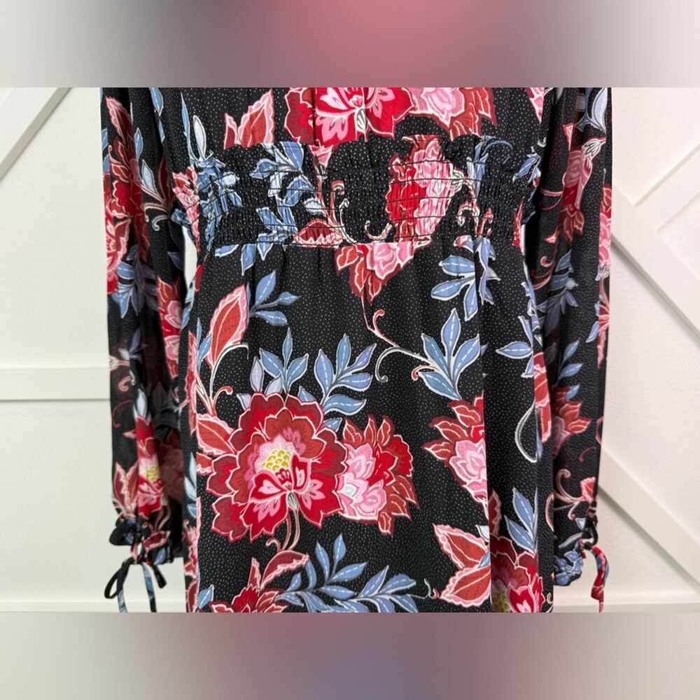 NWT LOFT Floral Smocked Waist Long Sleeve Mini Dress Black Red Blue Size 8 - Picture 3 of 9